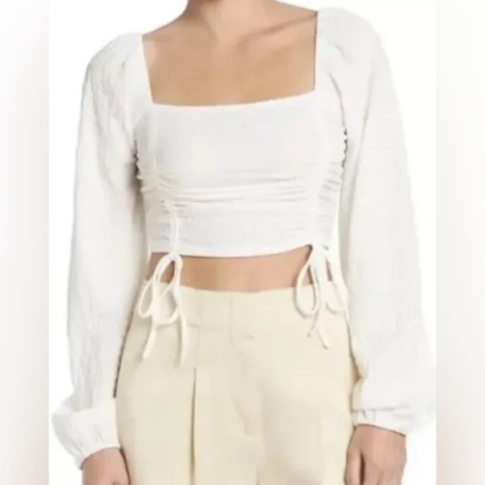 Sophie Rue white gauzy square neck smocked back long sleeve cropped top.